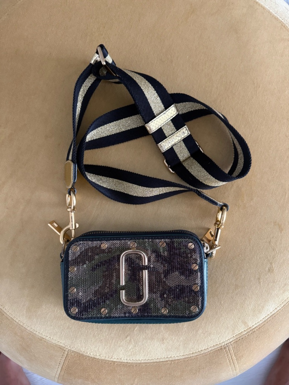Marc Jacobs Snapshot Crossbody Camera Bag - Sequined Camo with Navy Stripe Strap